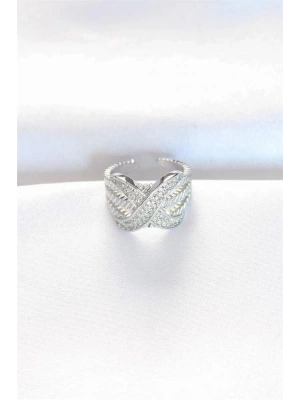 Kalın Zirkon Taşlı Silver Renk Ayarlanabilir X Tasarım Yüzük