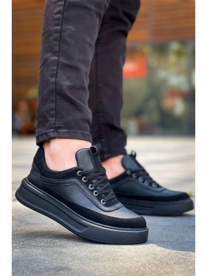 Kb-006 Kuback Siyah Cilt Siyah Yüksek Taban Bağcıklı Günlük Erkek Ayakkabı