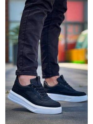 Kb-006 Kuback Siyah Cilt Yüksek Taban Bağcıklı Günlük Erkek Ayakkabı