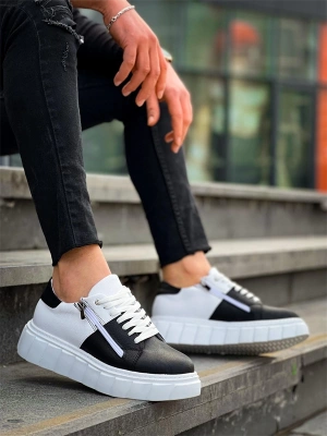 KB-X155 Kuback Siyah Cilt Beyaz Cilt Detaylı Beyaz Yüksek Taban Günlük Spor Ayakkabı