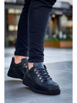 Kb-X4  Kuback Siyah Cilt Siyah Yüksek Taban Bağcıklı Günlük Erkek Ayakkabı