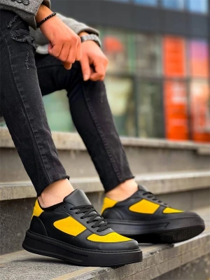 KB-X8 Kuback Siyah Sarı Cilt Yüksek Taban Günlük Spor Ayakkabı