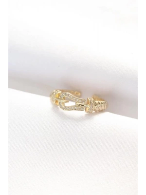 Kemer Tokası Tasarımlı Gold Renk Zirkon Taşlı Ayarlanabilir Yüzük