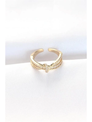 Kıvrım Model Gold Renk Zirkon Taşlı Ayarlanabilir Yüzük