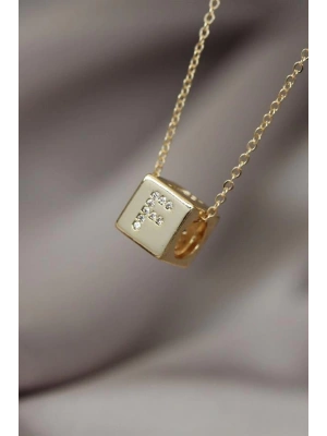 Küp Model Gold Renk Zirkon Taşlı F Harfli Kolye