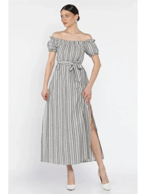 Madonna yaka midi yırtmaçlı kuşaklı keten elbise