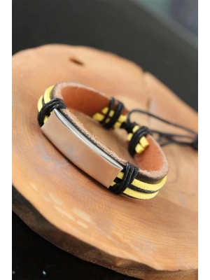 Metal Aksesuarlı Sarı Siyah Renk Deri Erkek Bileklik