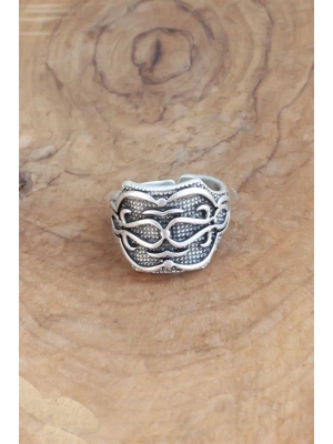Motifli Gümüş Renk Ayarlanabilir Erkek Yüzük