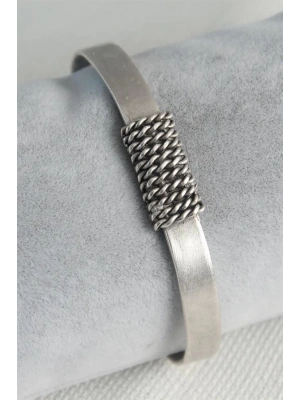 Otantik Gümüş Renk Zincir İşleme Plaka Model Erkek Bileklik