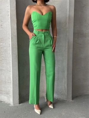 Palazzo pantolonlu alt üst takım yeşil