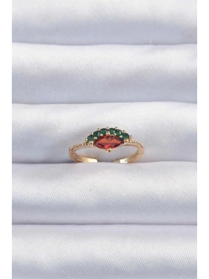 Pirinç Altın Renk Renkli Zirkon Taşlı Ayarlanabilir Karpuz Model Yüzük