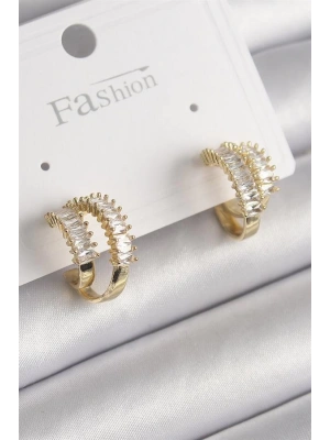 Pirinç Gold Renk 2Li Zirkon Taşlı Halka Model Kadın Küpe