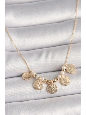Pirinç Gold Renk 5Li Osmanlı Tuğra Figür İnci Detay Kadın Kolye