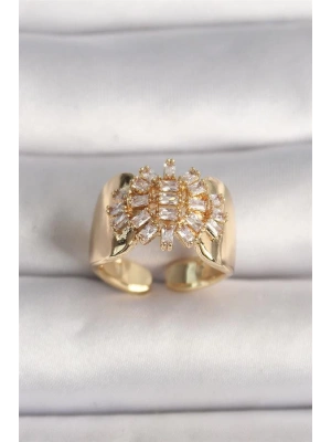 Pirinç Gold Renk Ayarlanabilir Baget Zirkon Taş Kadın Yüzük