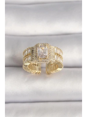 Pirinç Gold Renk Ayarlanabilir Baget Zirkon Taş Model Kadın Yüzük