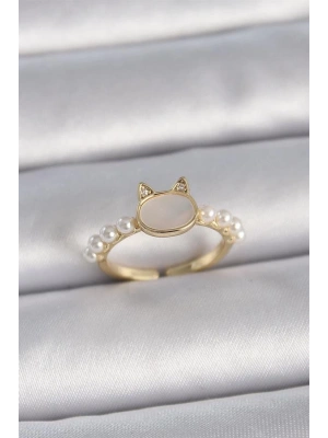 Pirinç Gold Renk Ayarlanabilir Beyaz Mineli Kedi Model İnci Detay Kadın Yüzük