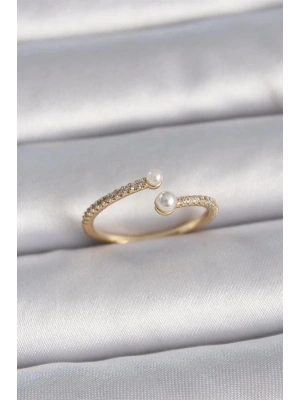 Pirinç Gold Renk Ayarlanabilir Sıralı Zirkon Taşlı İnci Detay Kadın Yüzük