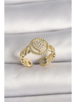 Pirinç Gold Renk Ayarlanabilir Zirkon Taşlı Kalp Model Kadın Yüzük