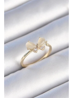 Pirinç Gold Renk Beyaz Mineli Zirkon Taşlı Kelebek Model Kadın Yüzük