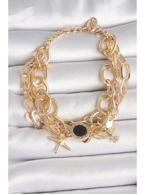 Pirinç Gold Renk Çoklu Zincir Model Deniz Yıldız Figür Kadın Bileklik
