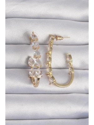 Pirinç Gold Renk Damla Zirkon Taş Tasarımlı Küpe