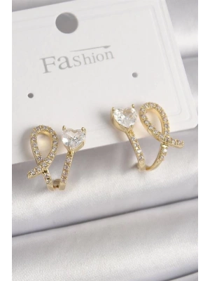 Pirinç Gold Renk Düğüm Model Zirkon Taşlı Kalp Detay Kadın Küpe