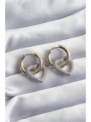 Pirinç Gold Renk Halka Gümüş Zirkon Taşlı Kalp Model VİP Seri Kadın Küpe