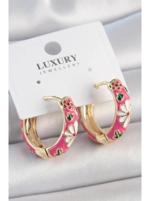 Pirinç Gold Renk Halka Model Pembe Çiçek İşlemeli Kadın Küpe