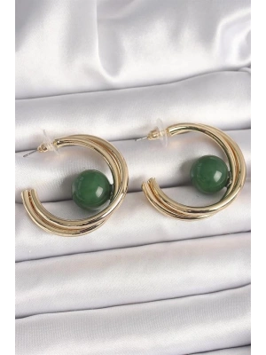 Pirinç Gold Renk Halka Model Yeşil Boncuk Detay Kadın Küpe