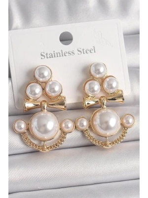 Pirinç Gold Renk İncili Çapa Model Kadın Küpe