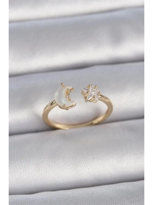 Pirinç Gold Renk İncili Hilal Zirkon Taşlı Yıldız Ayarlanabilir Model Kadın Yüzük