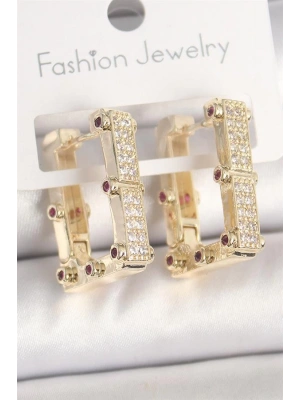 Pirinç Gold Renk Kare Zirkon Taşlı Kadın Küpe