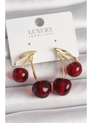 Pirinç Gold Renk Kırmızı Kiraz Model Kadın Küpe