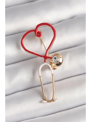 Pirinç Gold Renk Kırmızı Steteskop Model Zirkon Taş Detay Kadın Broş