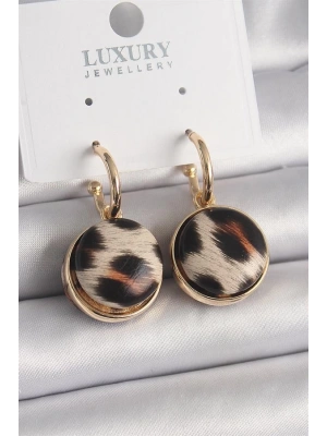 Pirinç Gold Renk Leopar Desenli Daire Model Kadın Küpe