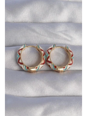 Pirinç Gold Renk Mavili Etnik Desenli Halka Küpe