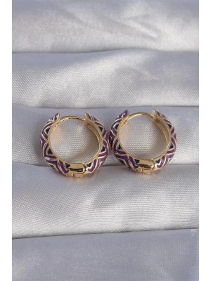 Pirinç Gold Renk Mor Etnik Desenli Halka Küpe