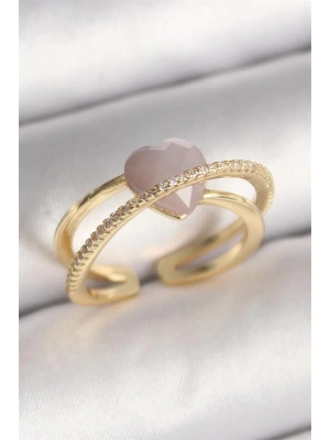 Pirinç Gold Renk Mor Kristal Kalp Model Zirkon Taşlı Kadın Yüzük