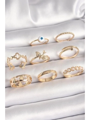 Pirinç Gold Renk Nazar Boncuk Model Kuş Detay Kadın Yüzük Kombini