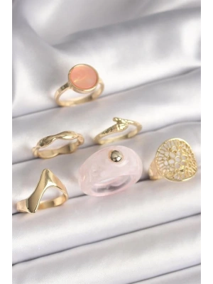 Pirinç Gold Renk Pembe Plastik Yüzük Model Daire Pembe Mine Yılan Detay 6Lı Kadın Yüzük Seti