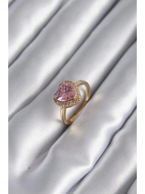 Pirinç Gold Renk Pembe Zirkon Taş Kalp Charm Model Kadın Yüzük