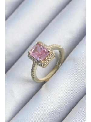 Pirinç Gold Renk Pembe Zirkon Taşlı Kadın Yüzük