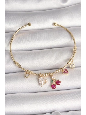 Pirinç Gold Renk Sallantı Kırmızı Zirkon Taşlı Kiraz Figür Charm Kadın Bileklik