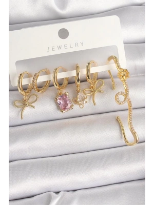 Pirinç Gold Renk Sallantı Kurdele Model Pembe Kare Zirkon Taşlı Kadın Küpe Seti