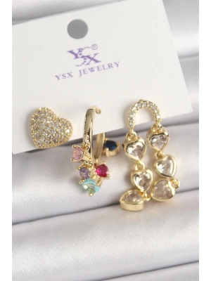Pirinç Gold Renk Sallantı Zirkon Taşlı Kalp Model 3Lü Kadın Kombin Küpe