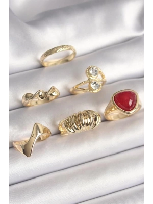Pirinç Gold Renk Sarmal Modl Zirkon Taşlı Sarmal Detay 6Lı Kadın Yüzük Seti