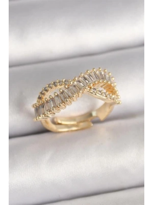 Pirinç Gold Renk Su Yolu Zirkon Taşlı Sonsuzluk Model Ayarlanabilir Kadın Yüzük