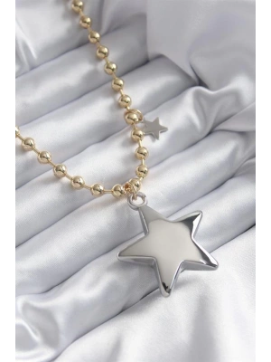 Pirinç Gold Renk Topçuk Zincir Gümüş 3D Yıldız Model Yıldız Detay VİP Kadın Kolye