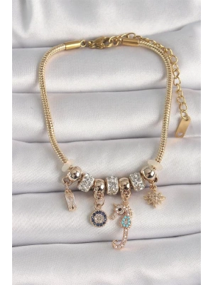 Pirinç Gold Renk Zincir Sallantı Zirkon Taşlı Deniz Atı Figür Nazar Boncuk Detay Kadın Bileklik