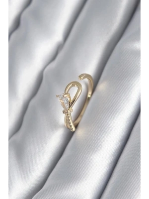 Pirinç Gold Renk Zirkon Taş Detay Kurdele Model Kadın Yüzük